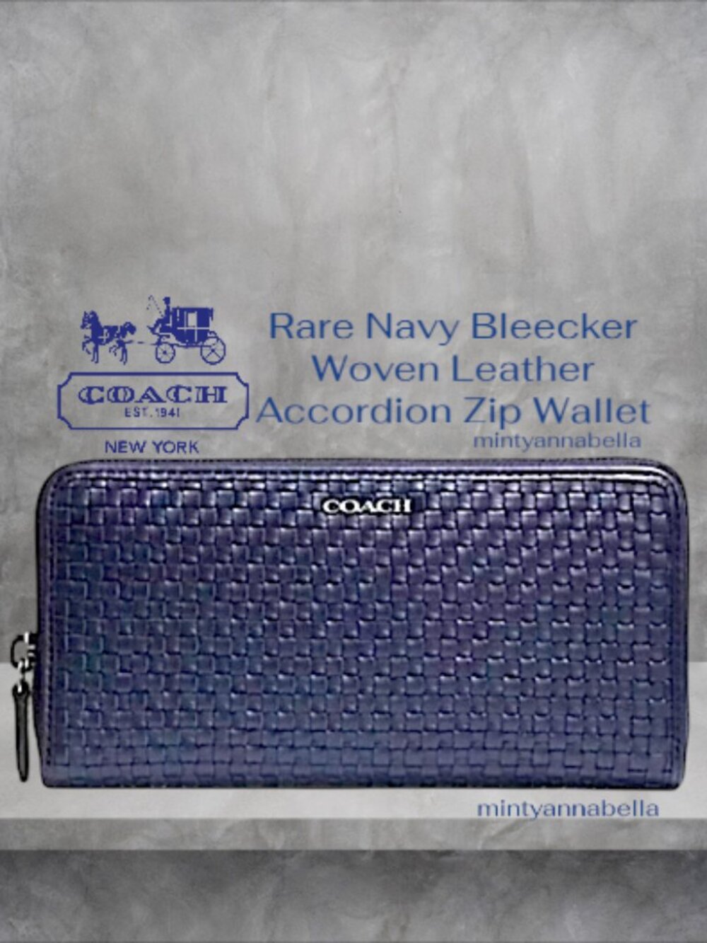 Coach Navy RARE Bleecker Woven Leather Accordion Zip Wallet